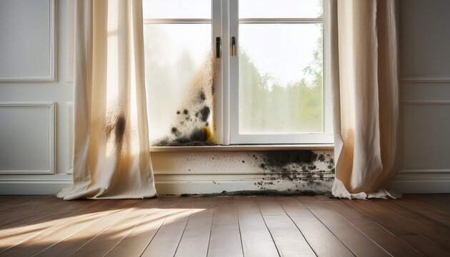 dark mold is present along the baseboard near a bright window covered with sheer curtains revealing signs of moisture in the room
