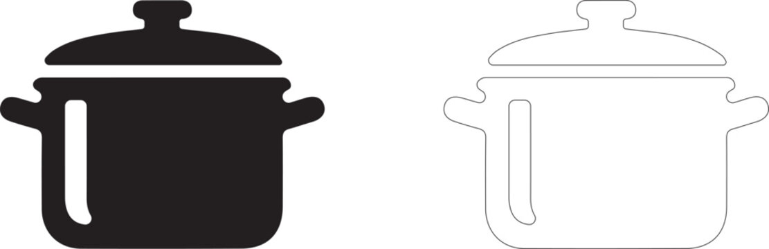Large enameled cooking pot vector icon filled and outline, boiling soup or stewing vegetables symbol.