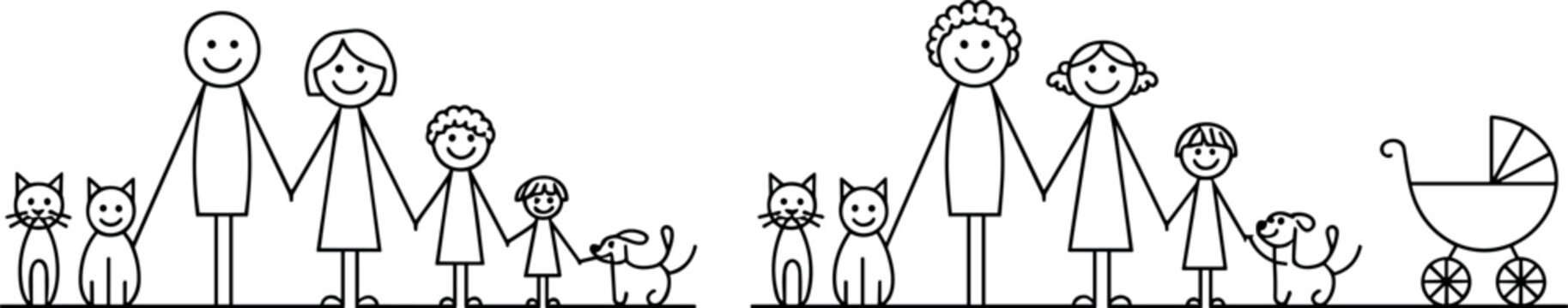 Happy family stick figures vector illustration set with parents kids pets and baby stroller line art borders