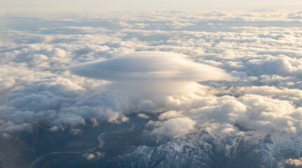 Fototapeta premium Elevated atmospheric perspective from above showcasing a distinctive lens-shaped cloud formation nestled amongst brilliant white cloud layers Elevated Atmospheric Perspective Above Showcasing