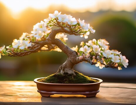 elegant miniature bonsai tree with white blossoms blooming in soft sunrise light
