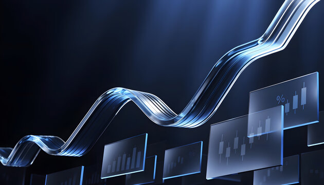 Abstract financial blue digital wave line chart growing on black background