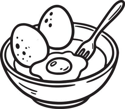 Black and white line art illustration of two eggs and a fried egg in a bowl