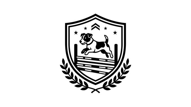 Jumping dog agility logo crest with laurel wreath.