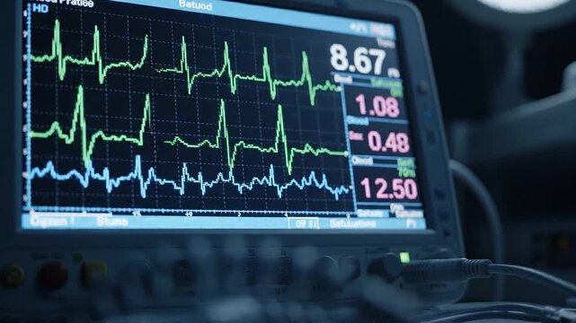 Medical monitor displays heart rate waveform with connected sensor cables in dark clinical setting, showing multiple vital sign traces and numeric readings across several screens, ecg detail