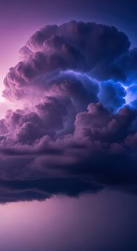 Powerful thunderheads swell in the late afternoon sky, displaying deep shades of purple and navy as a heavy rainstorm begins to approach, sky, thunder, nature