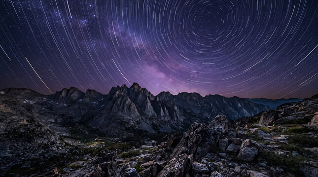 Star Trail Circular Motion Over Alpine Mountain Peaks at Night Long Exposure Astrophotography