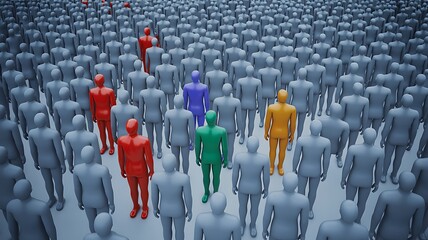 Fototapeta premium Colorful Individual Figures Scattered in Crowd — Diversity Identity and Social Isolation 3D Concept Photo
