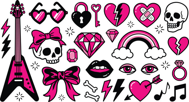 Punk Emo Pink and Black Sticker Set with Guitar Skull Heart Bow Diamond Lightning Vector Illustration Gothic Girly Style Design