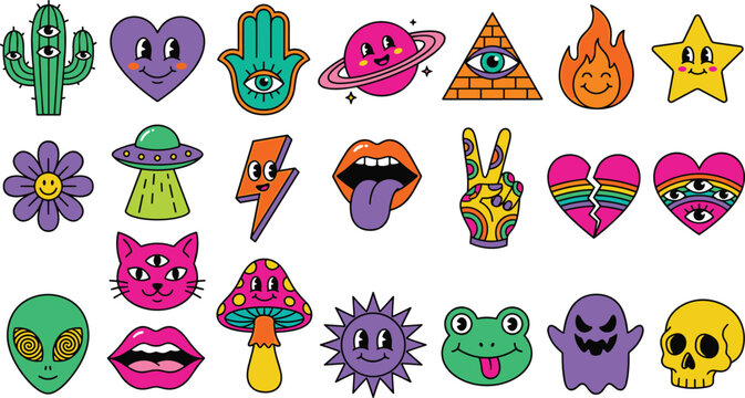 Retro Trippy Sticker Set with Cactus Hamsa Eye UFO Mushroom Alien Ghost Skull Vector Illustration Psychedelic Groovy Style Design