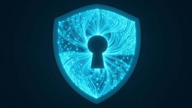 Digital security shield with glowing keyhole and intricate network patterns, representing data protection and cybersecurity concepts