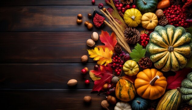 Lush Autumn Harvest Spread Featuring Vibrant Gourds Colorful Fall Foliage Berries And Nuts Beautifully Placed On Rustic Dark Wood
