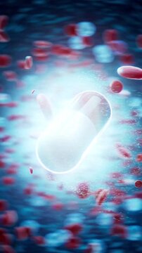 Conceptual 3D animation of a medicine pill with blood drops