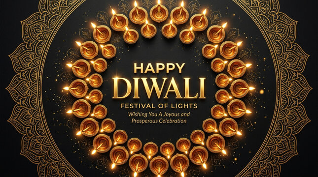 Happy diwali festival of lights illuminated diyas and ornamental circle design