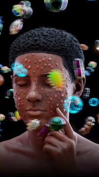 Conceptual 3D animation of a teenage boy with acne and bacteria