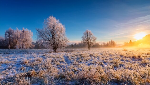 Sunny Winter Morning Beautiful Winter Scene In Frosty Morning Winter Morning Sunrise Trees On Snowy Meadow In Frost