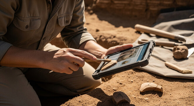 Archaeologist using tablet to document ancient pottery shards