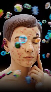 Conceptual 3D animation of a teenage boy with acne and bacteria