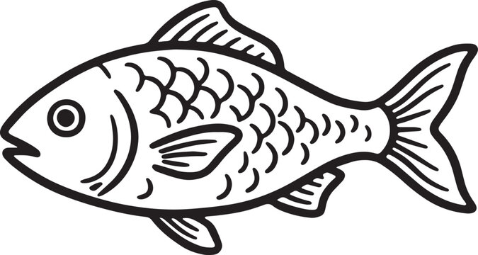 Black and white line art illustration of a whole fish with swimming, ingredient