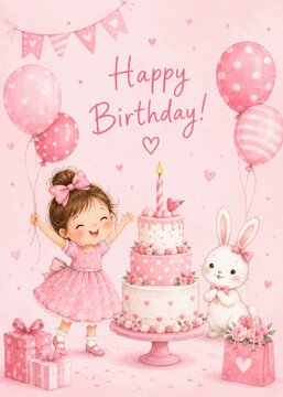 Cute Little Girl Bunny Birthday Cake Celebration Pink Watercolor Greeting Card