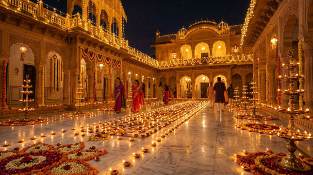 Spectacular diwali celebration illuminated palace courtyard with traditional lights and decorations