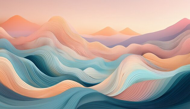 A Serene Abstract Landscape Featuring Flowing Waves Mountains And Soft Pastel Colors