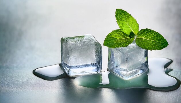 Ice Cubes With Fresh Mint Leaf On Light Grey Surface