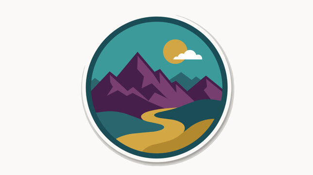 Minimalist circular vector illustration of a mountain landscape with a winding river and sun.