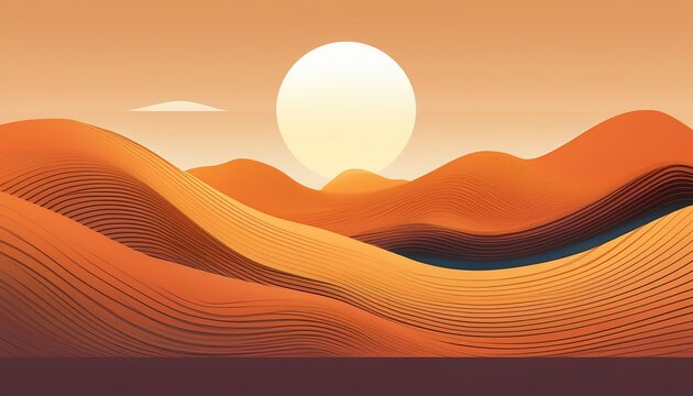 Minimalist Desert Landscape Illustration Featuring Soft Rolling Hills And A Bright Sun In Warm Tones