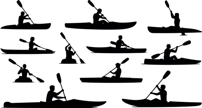 Kayaking vector set elegant man paddling kayak canoe silhouette illustrations for outdoor sports adventure design