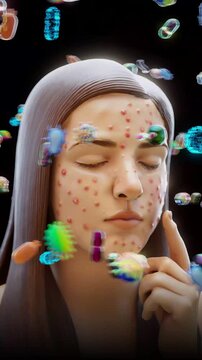 Conceptual 3D animation of a teenage girl with acne and bacteria