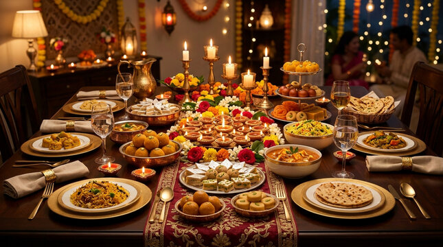 Festive diwali feast traditional indian sweets and dinner table celebration