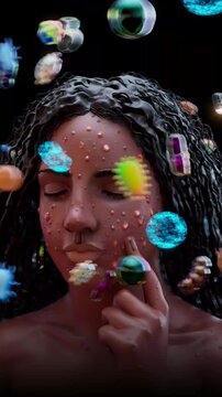 Conceptual 3D animation of a teenage girl with acne and bacteria