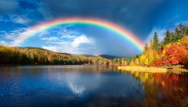 Rainbow On Over The Lake In Autumn