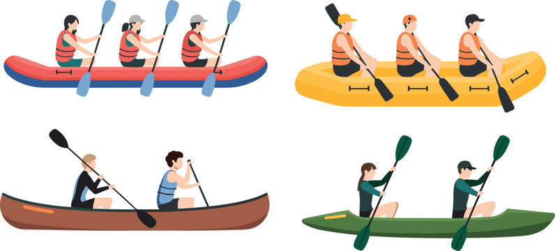 Rafting and kayaking vector set colorful people paddling canoe flat design illustration for outdoor adventure