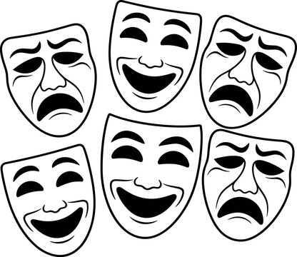 Theater masks vector set black and white comedy tragedy drama expression illustrations for acting performance 
desig