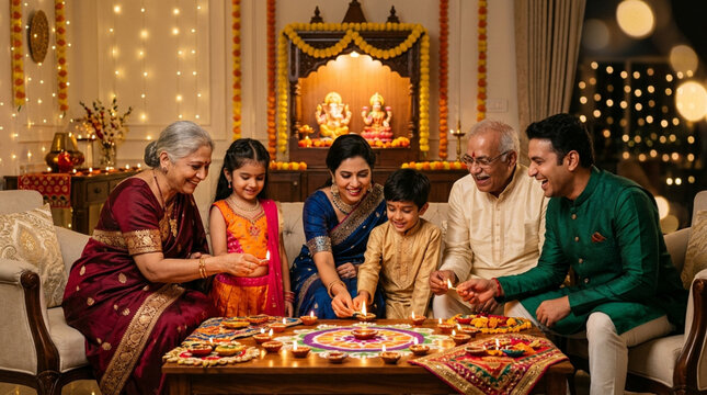 Warm diwali celebration family lighting diyas and rangoli for the festival of lights