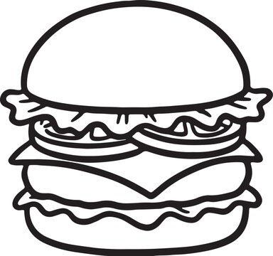Black and white line art drawing of a delicious hamburger with hamburger