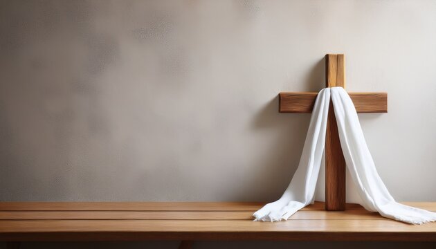 Wooden Christian Cross With White Shroud Stands On Rustic Table Clean Plaster Wall Background Holy Serene Mood Light Neutral Palette Realistic Minimalistic Photo