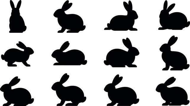Rabbit silhouette vector set cute black bunny easter animal shape illustrations for spring graphic  design