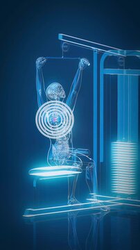 Conceptual 3D animation of an x-ray man performing a lat pulldown exercise