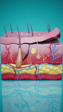 Conceptual 3D animation of a human skin cross section close-up