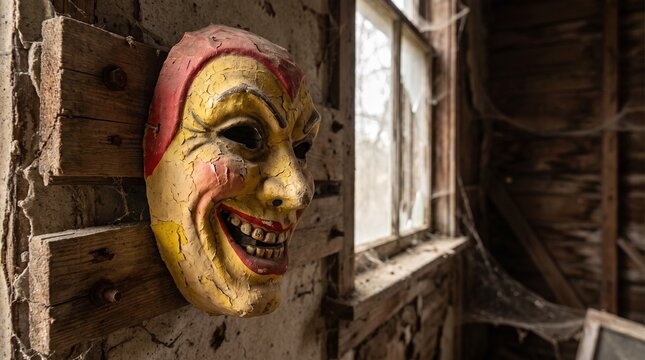 Spooky halloween jester mask in a dark and eerie forgotten dwelling