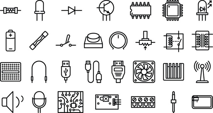 Collection Of Electronic Component Line Icons On White Background Circuitry And Technology Symbols circuit components