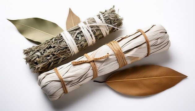 Dry White Sage And Bay Leaf Smudge Kit On White Background Spiritual Cleansing Ritual Wellness
