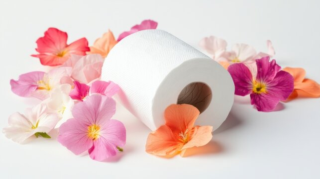 White Paper Towel Roll Surrounded By Colorful Spring Flowers On Bright Background