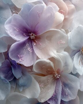 Soft Pastel Fabric Flowers With Delicate Mesh Petals And Dreamy Elegant Floral Texture