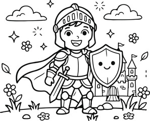 Cute cartoon knight holding a sword and shield in front of a castle coloring page with medieval