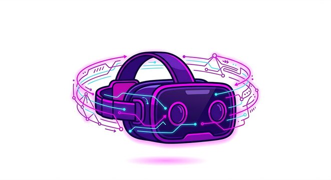  Minimalist VR headset icon with glowing neon data rings, Metaverse and virtual reality technology concept, flat 2D vector illustration, purple and magenta colors