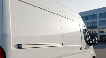 Fototapeta premium Blank White Delivery Van Mockup Near Office Building